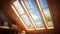 Dormer wooden window in the white sloping ceiling overlooking the blue sky. Sunlight enters the room through closed