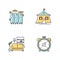 Dormitory conditions RGB color icons set. Lockers. Gym, swimming pool storage closets. Marquee tent. Dorm quiet hours