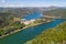 Dornes drone aerial view of city and landscape with river Zezere in Portugal