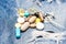 Dose and addiction. Drug addiction. Medicine and treatment concept. Drugs on denim background. Set of colorful pills