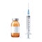 Dose of cure, vaccine or treatment in glass ampule with cap and syringe isolated