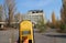 Dosimeter and Polissya Hotel in central Pripyat, Chernobyl exclusion zone, Ukraine