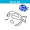 Dot to dot. Blue fish. Connect dots and color the picture. Educational game for children. Find hidden personage. Page to color.