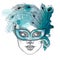 Dotted girl face in Venetian carnival mask Colombina with outline peacock feathers on white background.