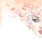 Dotted half beautiful woman face on the pastel blots background with butterflies in pink.