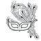 Dotted Venetian carnival mask Colombina with outline peacock feathers in black on white background.