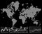 Dotted white World map isolated on black background. Roads and ways for guidebooks with marks