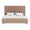 Double bed in a classic style with soft beige quilted upholstery and white bedding on a white background. Front view. 3d