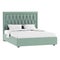 Double bed in a classic style with soft turquoise quilted upholstery and white bedding on a white background. 3d