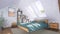 Double bed in modern bedroom interior in attic 3D