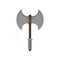 Double-bladed battle axe with wooden handle. Dangerous weapon. Viking arms. Flat vector icon