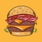 Double Burger with bacon. Colorful vector illustration in cartoon style. Isolated on yellow background.