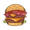 Double Burger with bacon. Hand drawn vector illustration in cartoon style. Isolated on white background.