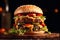 Double burger with cheese, tomato, lettuce and cucumber on a wooden board, black background