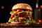 Double burger with cheese, tomato, lettuce and cucumber on a wooden board, black background