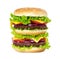 Double burger with cutlet, onions, cheese, tomatoes and salad le