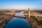 Double cable-stayed bridge in Krakow, Poland over the Vistula river at sunrise