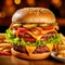 double cheeseburger with bacon, vegetables and fries, made with Generative AI