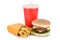 Double cheeseburger hamburger and fries menu meal drink isolated