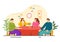 Double Date Vector Illustration with Two Couples who were Eating and Drinking Together in a Restaurant in Flat Cartoon Background