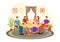 Double Date Vector Illustration with Two Couples who were Eating and Drinking Together in a Restaurant in Flat Cartoon Background