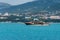 Double-deck pleasure yacht Corsair sails into open sea along coast of Gelendzhik Bay. Blurred background. Inscription `Corsair`