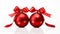 Double Delight Two Red Christmas Decoration Baubles with Ribbon Bow Isolated on White Background. created with Generative AI