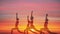 Double exposue background of group of caucasian people having yoga workout outdoors with overlay background of sunset sky