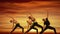 Double exposue background of group of caucasian people having yoga workout outdoors with overlay background of sunset sky