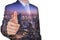 Double exposure of businessman give a thumbs up for compliment and night cityscape as business, praise, congratulate, good and