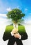 Double exposure businessman with a tree with blue sky, ecology friendly concept, Think Green