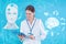 Double exposure of doctor using tablet and artificial intelligence model. Machine learning