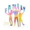 Double exposure illustration. Happy family  holding letters word FAMILY silhouette plus abstract water color painted.  Digital art