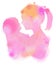 Double exposure illustration. Side view of mother holding adorable child baby silhouette plus abstract water color painted.