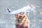 The double exposure image of the airplane model on hand overlay with cityscape image. the concept of travel, business, aircraft, i