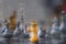 Double exposure image of chess and cityscape. Leadership of leaders will lead the team to success in business together with