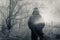 A double exposure. Looking at the back of a hooded figure looking out on a country path on a moody foggy winters day. With a grung