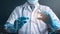 Double Exposure of A male doctor stands holding a vaccine against coronavirus infection.