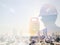 Double exposure man survey and civil engineer stand on ground working in a land building site over Blurred construction worker on