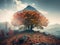 Double exposure mountain and autumn tree
