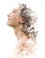 Double exposure. Paintography. Close up profile portrait of an attractive woman with strong ethnic features combined with unusual