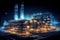 Double exposure of petrochemical industrial plant on black background. 3D rendering