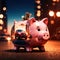 Double exposure of piggy bank and car, showing saving money for automobile