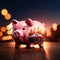 Double exposure of piggy bank and car, showing saving money for automobile
