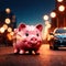 Double exposure of piggy bank and car, showing saving money for automobile