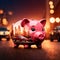 Double exposure of piggy bank and car, showing saving money for automobile