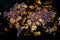 Double exposure of pile of gold nuggets with city background and financial graph, world map and global network business concept,