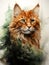 Double exposure portrait of beautiful domestic cat and majestic forest landscape. Animal in nature. Naturall pet food concept