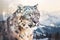 Double exposure of snow Leopard and frozen forest with snowfall and sunny mountains behind