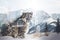 Double exposure of snow Leopard and frozen forest with snowfall and sunny mountains behind